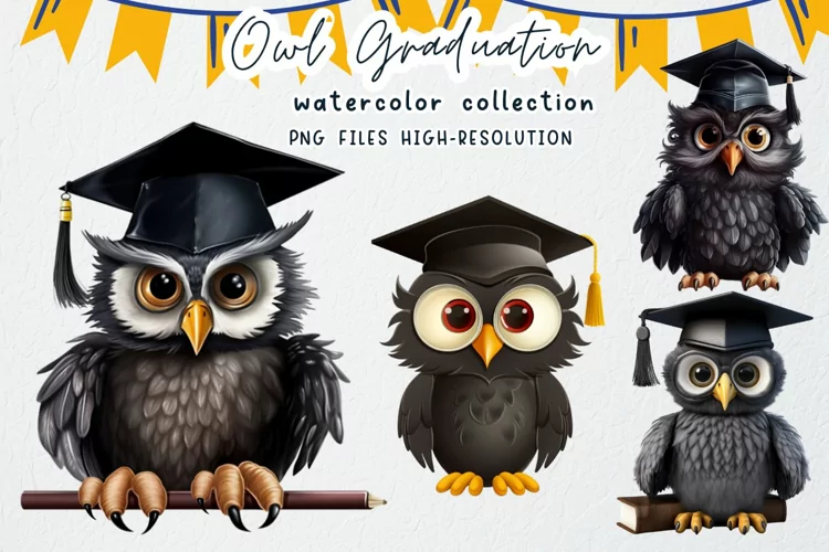 Black Owl Graduation Watercolor Clipart