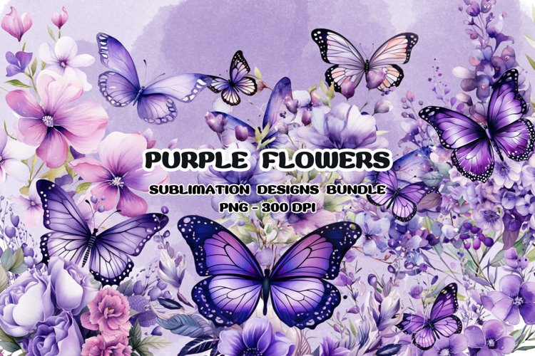 Purple Flowers Watercolor Sublimation PNG, Clipart Bundle