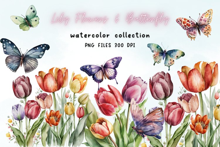 Lily Flowers & Butterfly Watercolor Sublimation example image 1