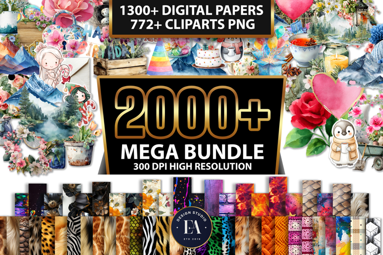 2000 Watercolor PNGs & Digital Papers Bundle Pack