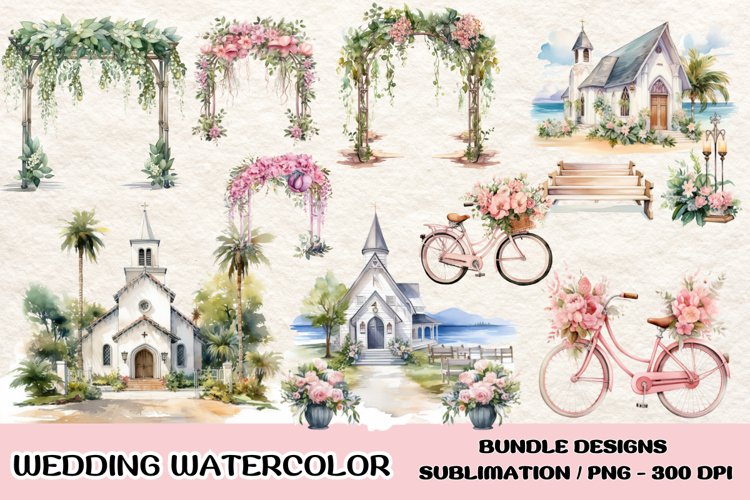 Watercolor Wedding Clipart, Wedding Elements Sublimation example image 1