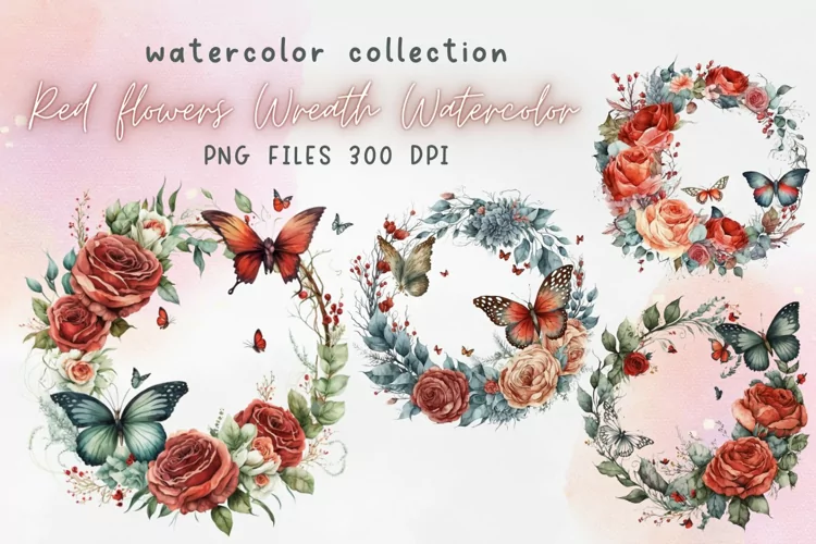 Red Flowers Wreath Watercolor Sublimation