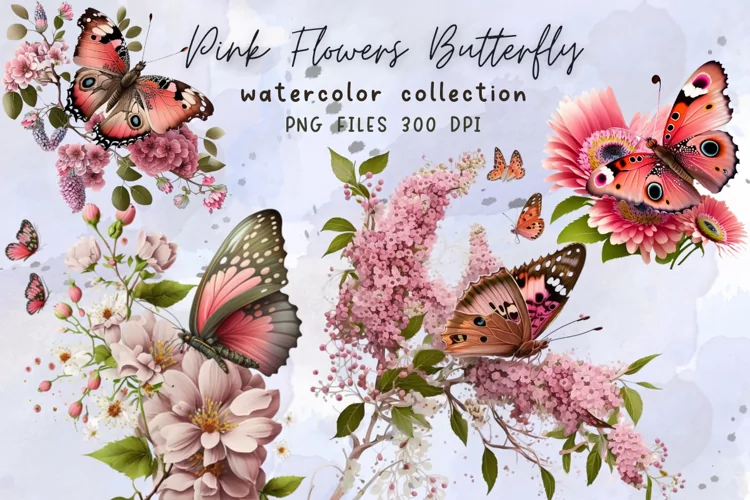 Pink Flowers Butterfly Watercolor Sublimation
