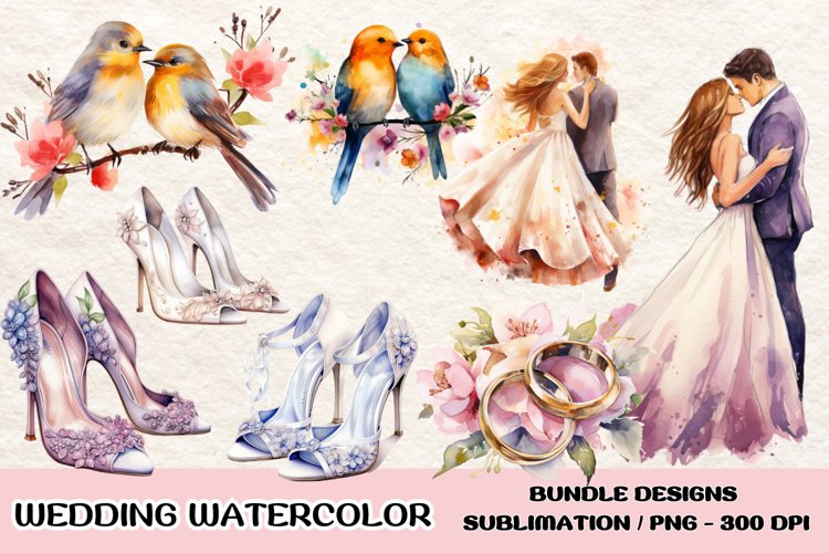 Watercolor Wedding Clipart, Wedding Elements Sublimation example image 1