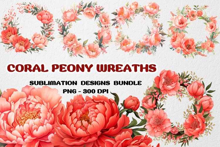 Coral Peony Wreaths Flowers Clipart, Floral Sublimation
