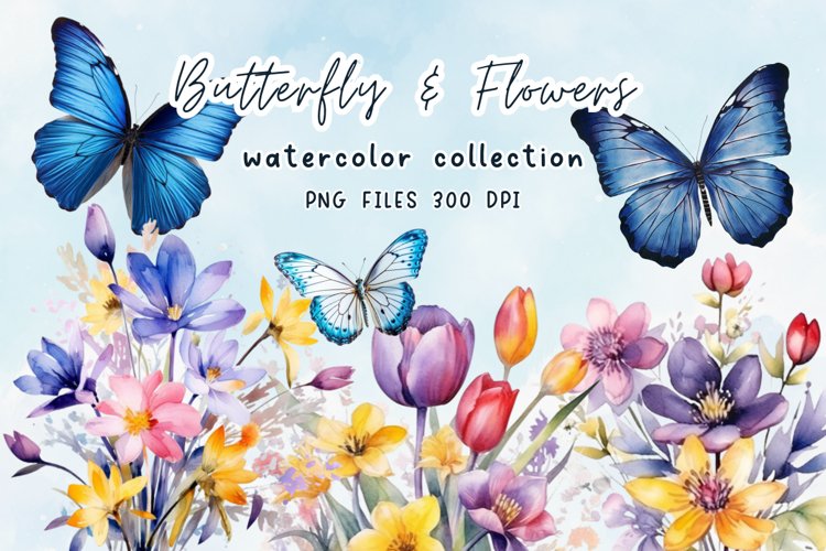 Flowers & Butterflies Watercolor Clipart example image 1