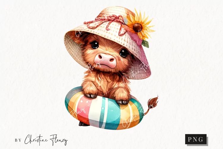 Highland Cow with Pool Floaty PNG | Summer PNG