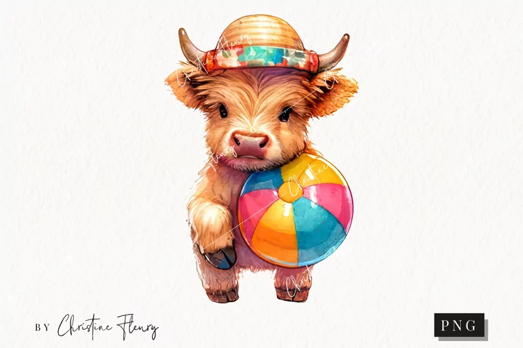 Highland Cow with Beach Ball PNG | Summer PNG