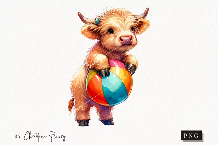 Highland Cow with Beach Ball PNG | Summer PNG