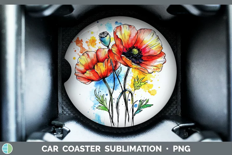 Watercolor Poppy Car Coaster Sublimation Designs