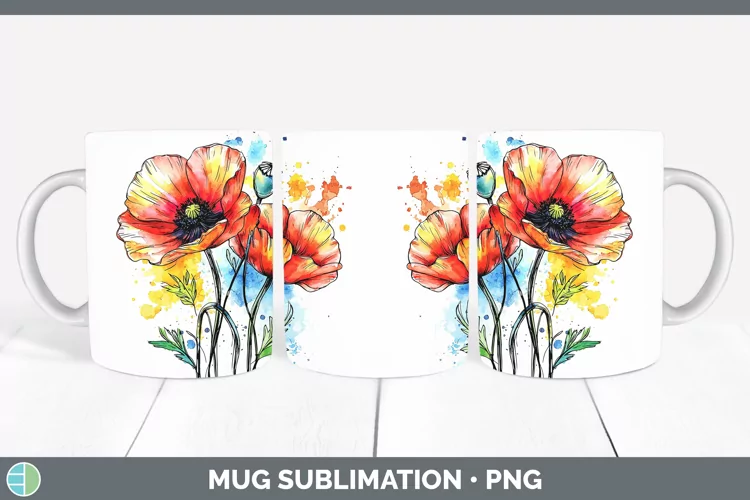 Watercolor Poppy Mug Wrap Sublimation Coffee Cup Designs