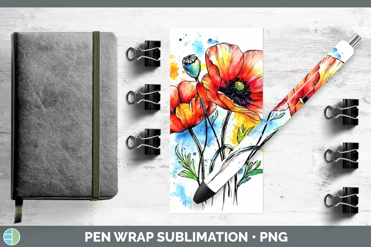 Watercolor Poppy Pen Wrap Sublimation Pen Designs