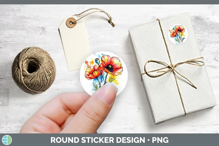 Watercolor Poppy Stickers | Round Labels Designs