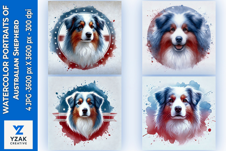 Watercolor Portraits of Australian Shepherd