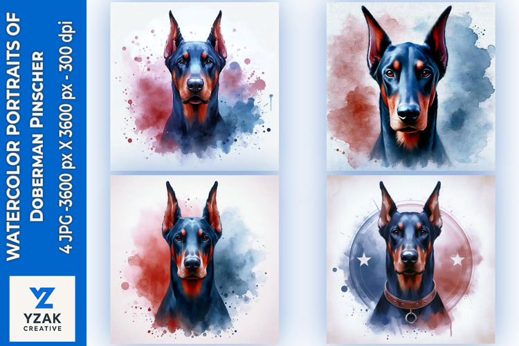 Watercolor Portraits of Doberman Pinscher