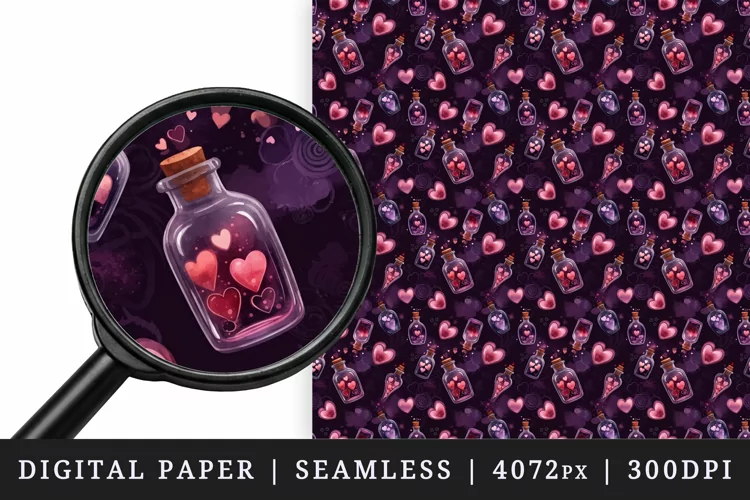 Valentine's Day potion bottle digital paper seamless pattern