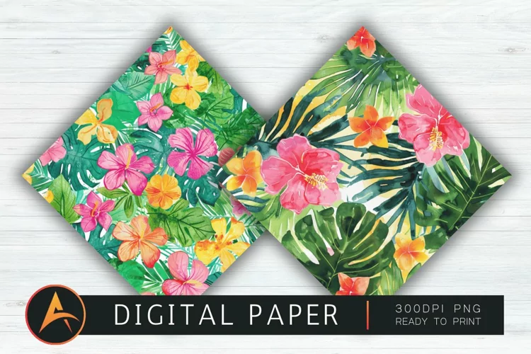Watercolor Preppy Tropical Hawaiian Mix Digital Paper