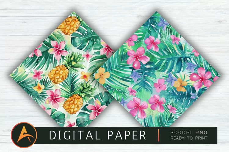 Watercolor Preppy Tropical Hawaiian Mix Digital Paper