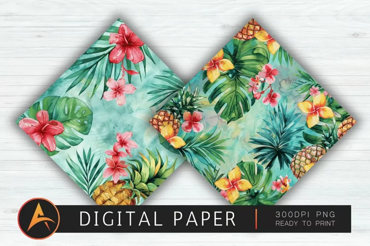 Watercolor Preppy Tropical Hawaiian Mix Digital Paper