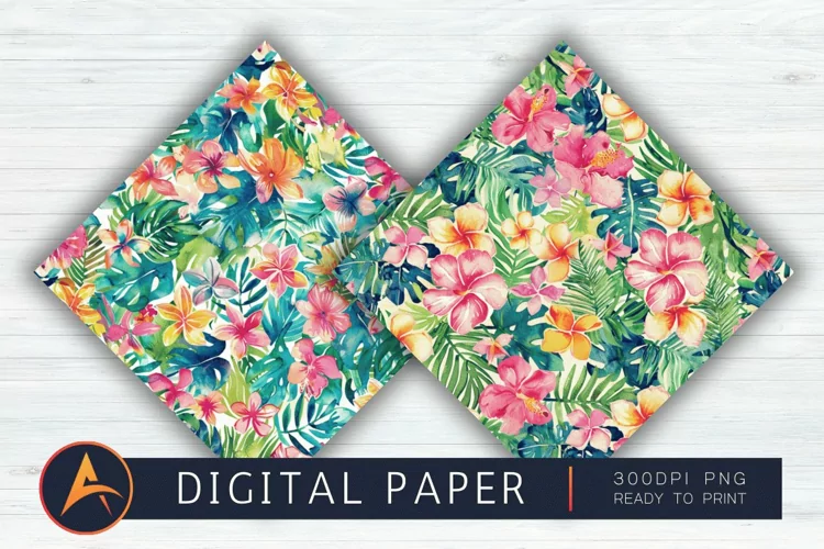 Watercolor Preppy Tropical Hawaiian Mix Digital Paper