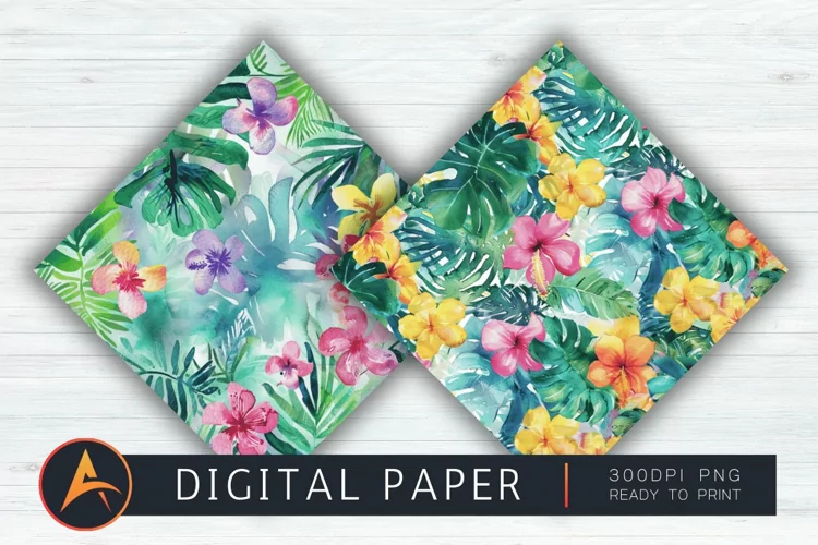 Watercolor Preppy Tropical Hawaiian Mix Digital Paper