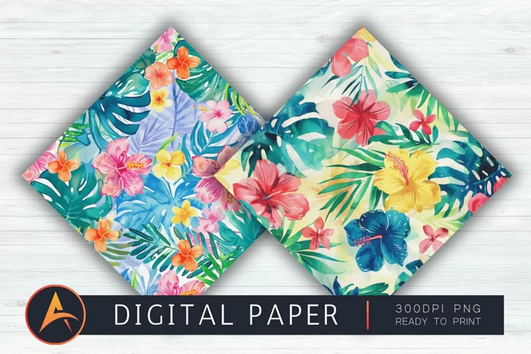 Watercolor Preppy Tropical Hawaiian Mix Digital Paper