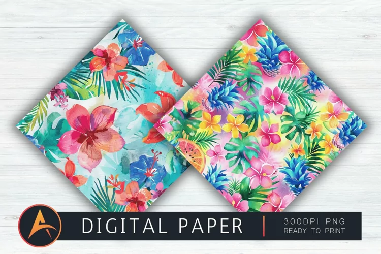 Watercolor Preppy Tropical Hawaiian Mix Digital Paper