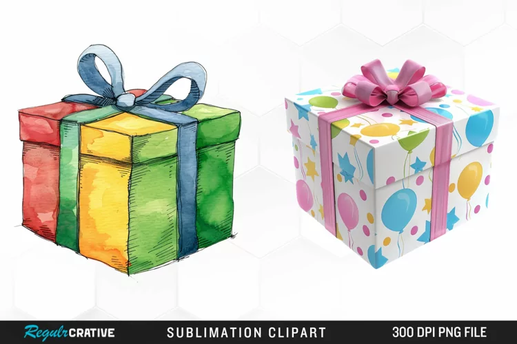 Watercolor Present Birthday Box Clipart