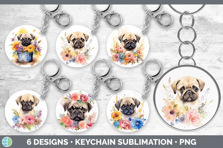 Watercolor Pug Dog Keychain | Sublimation Keyring Designs Bu