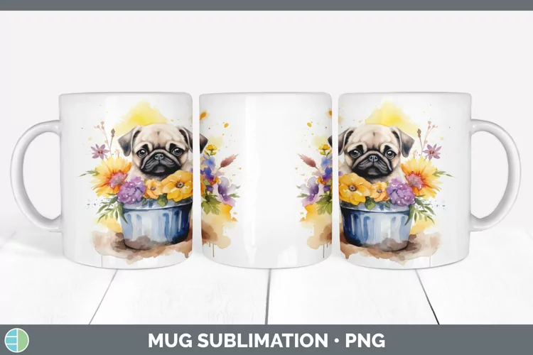 Watercolor Pug Dog Mug Wrap | Sublimation Coffee Cup Designs