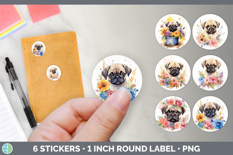 Watercolor Pug Dog Stickers | Round Labels Designs Bundle