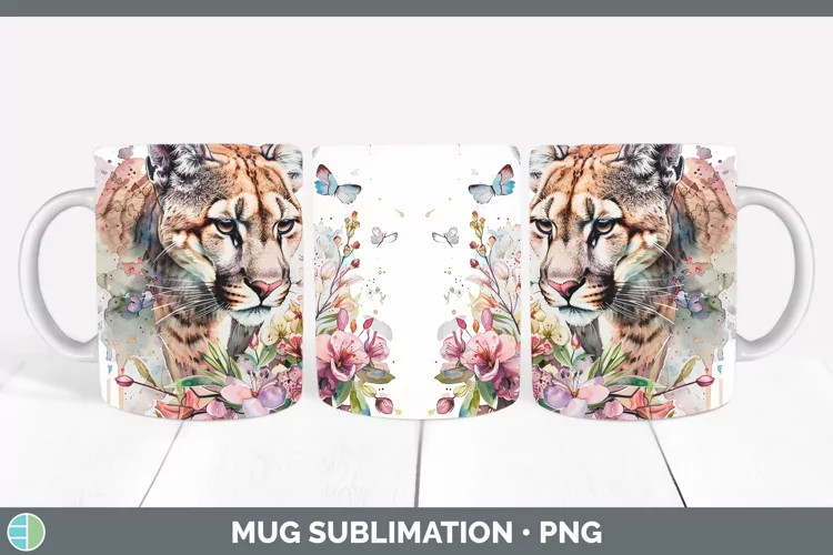 Watercolor Puma Concolor Mug Wrap Sublimation Coffee Cup Des