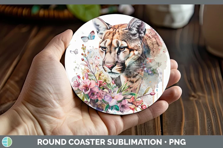 Watercolor Puma Concolor Round Coaster Sublimation Coaster D