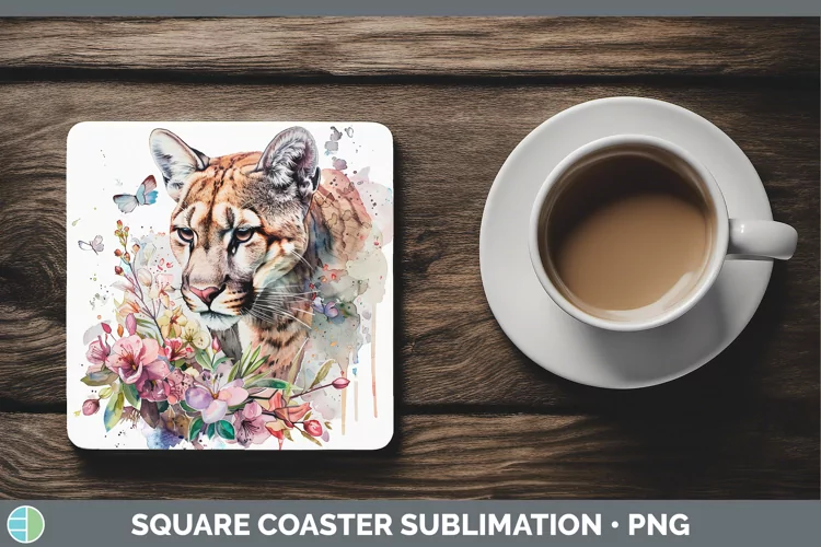 Watercolor Puma Concolor Square Coaster Sublimation Coaster