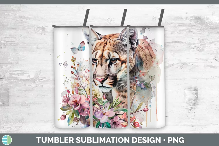 Watercolor Puma Concolor Tumbler Sublimation 20 oz Skinny Tu
