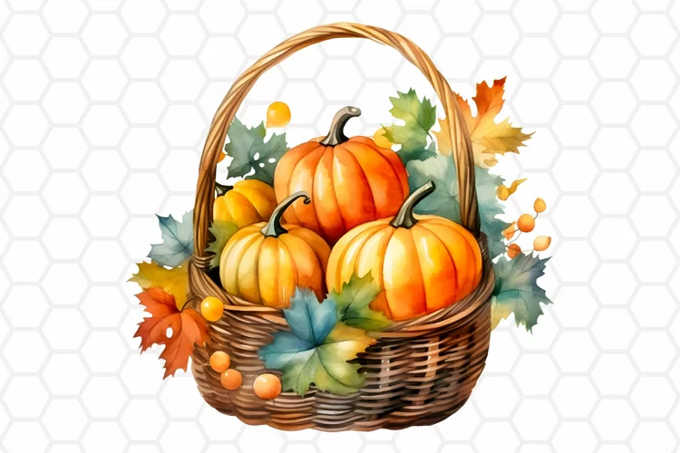 Watercolor Pumpkin Basket Clipart, Fall Sublimation PNG