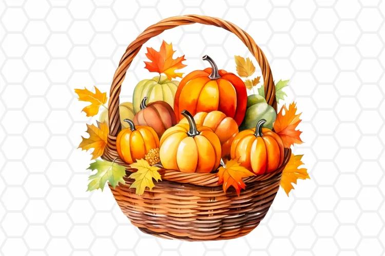 Watercolor Pumpkin Basket Clipart, Fall Sublimation PNG