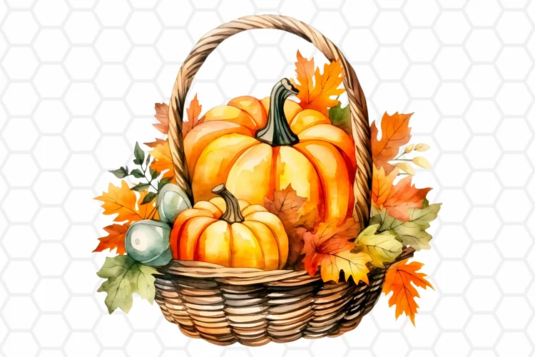 Watercolor Pumpkin Basket Clipart, Fall Sublimation PNG