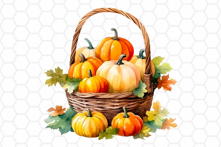 Watercolor Pumpkin Basket Clipart, Fall Sublimation PNG