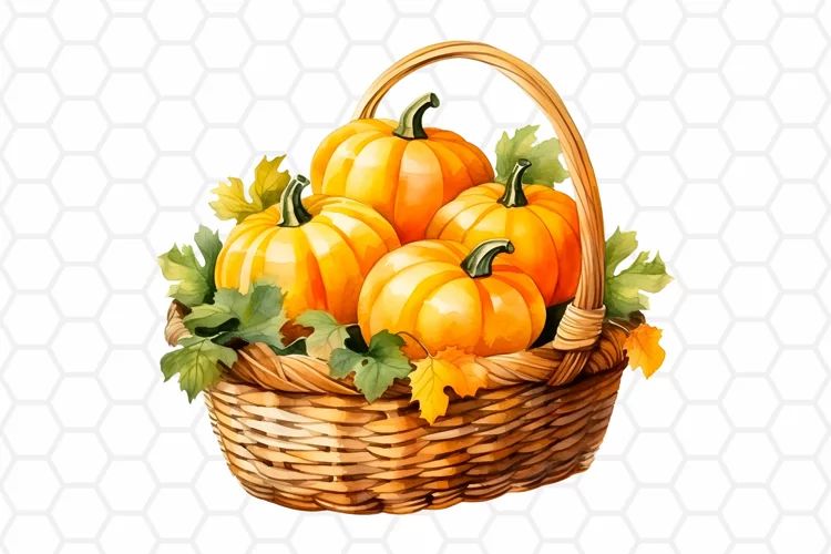Watercolor Pumpkin Basket Clipart, Fall Sublimation PNG