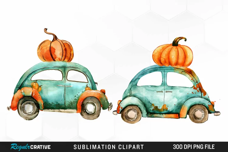 Watercolor Pumpkin Car Artwork Clipart