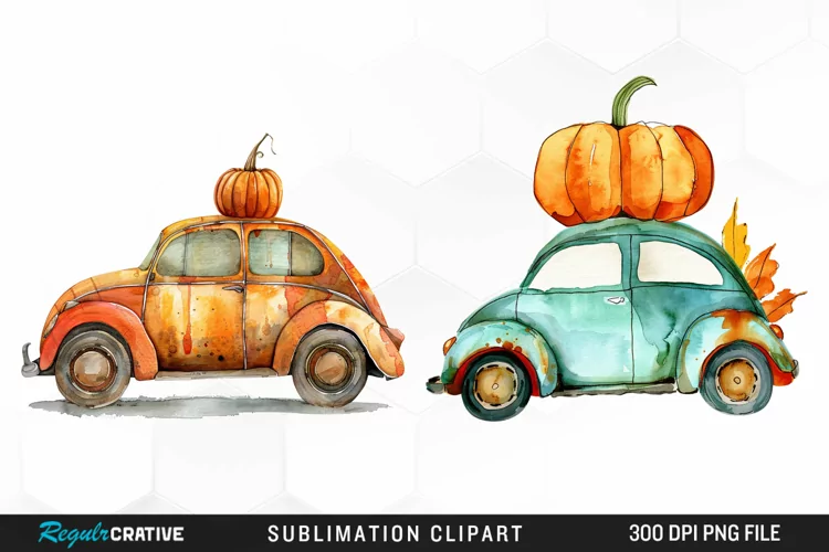 Watercolor Pumpkin Car Graphic Clipart