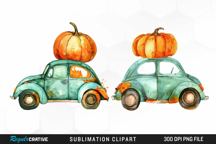 Watercolor Pumpkin Car Graphic Clipart
