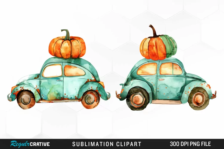Watercolor Pumpkin Car Artwork Clipart