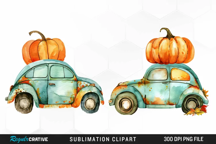Watercolor Pumpkin Car Artwork Clipart