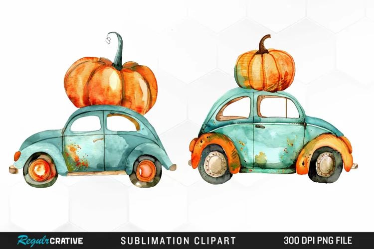 Watercolor Pumpkin Car Graphic Clipart