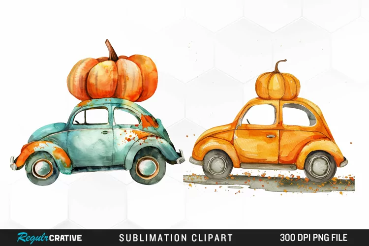Watercolor Pumpkin Car Graphic Clipart