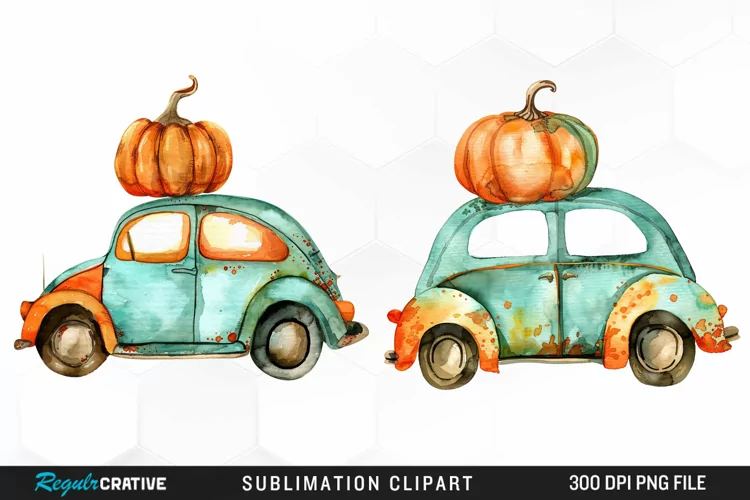 Watercolor Pumpkin Car Graphic Clipart
