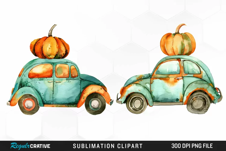 Watercolor Pumpkin Car Graphic Clipart