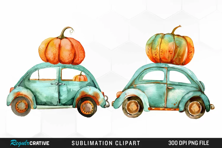 Watercolor Pumpkin Car Graphic Clipart